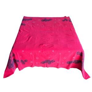 Vtg Christmas CALIFORNIA HAND PRINTS Tablecloth circa 1950s 60" x 52" Red silver